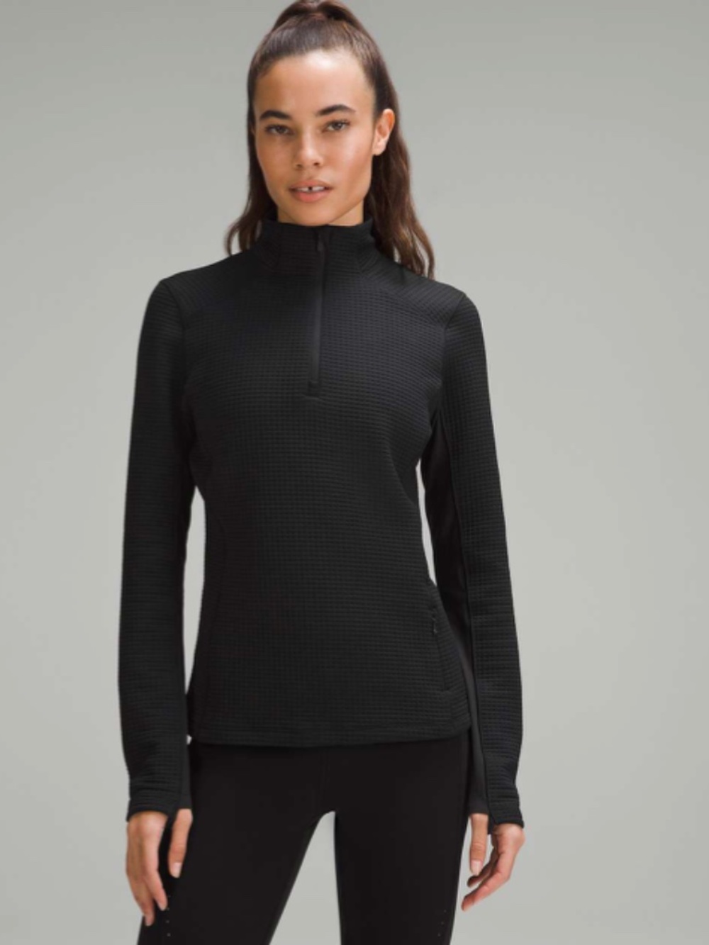 Lululemon Waffle-Knit Half-Zip Long-Sleeve Shirt Black Size 12
